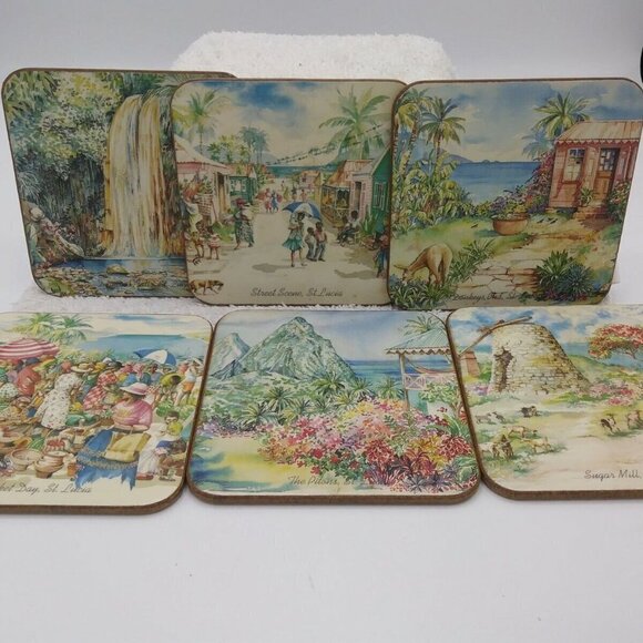 Pimpernel St. Lucia Coasters - Set of 6 -Cork Backing - Artwork - Beach Tropical - Picture 2 of 15